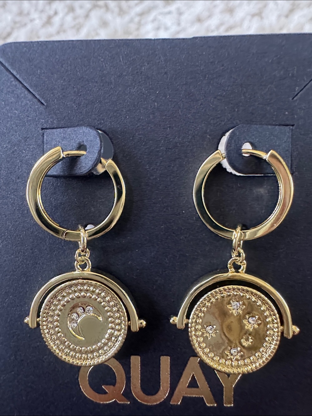 Quay Australia Gold Medallion Hoop Drop Earrings with Black Accents - Picture 2 of 2